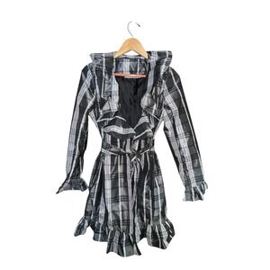 Kenar Black White Plaid Shiny Ruffle Belted Trench Coat Dress S